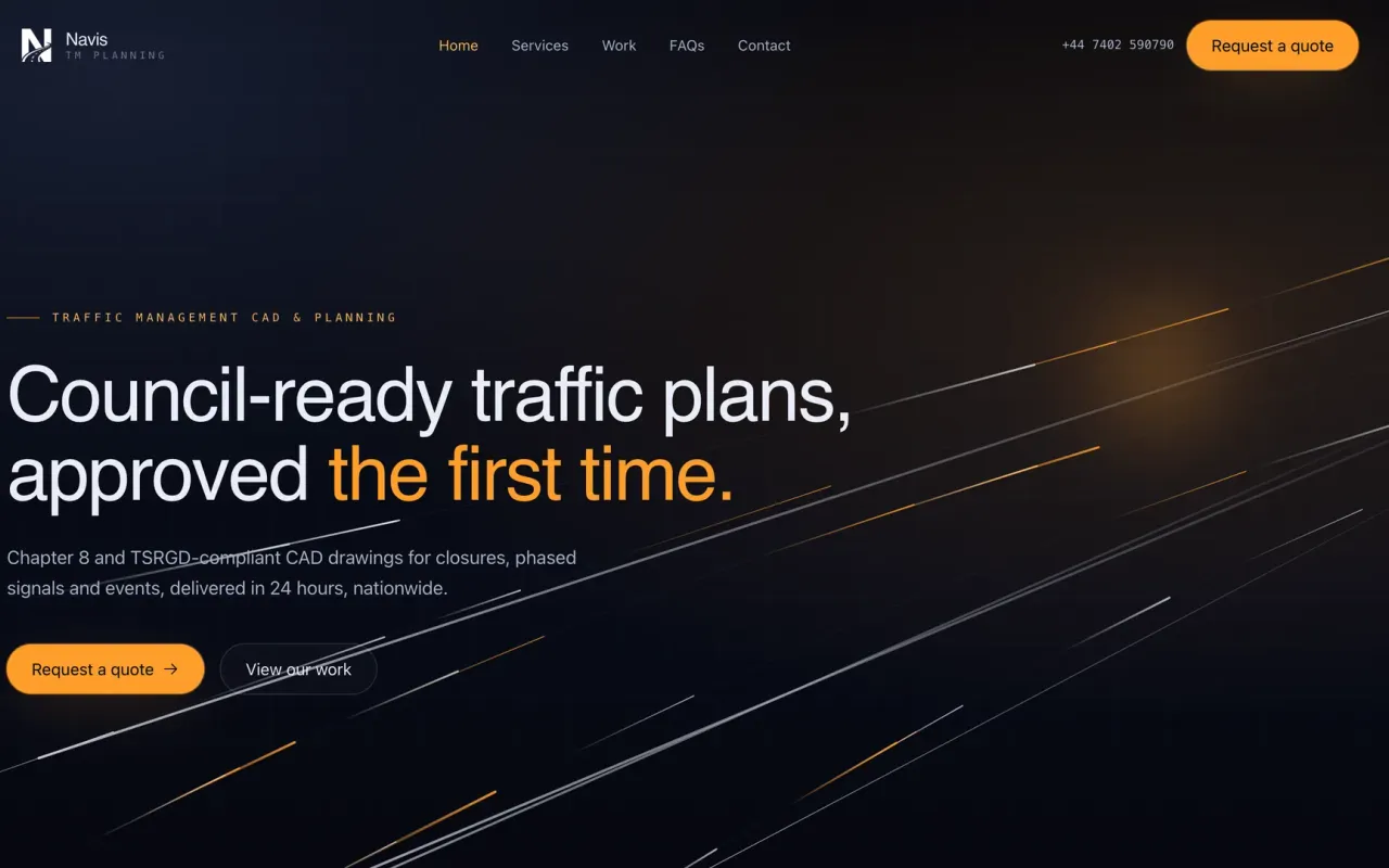 Navis TM Planning homepage hero showing a dark traffic management planning service landing page with orange accents